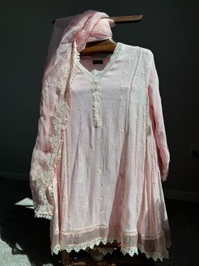Agha Noor Pink Embroidered Kurta Tunic Set XL w/ Dupatta Sheer Lace Boho Modest